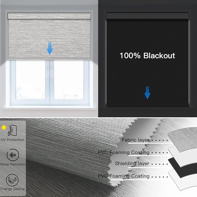Tokblind Motorized Blackout Roller Shade Fabric Covered Valance and Bottom Rod, Remote Control Electric Window Blind Compatible with Alexa Google via Hub, Custom Size (Texture Grey - Wrapped Fabric)