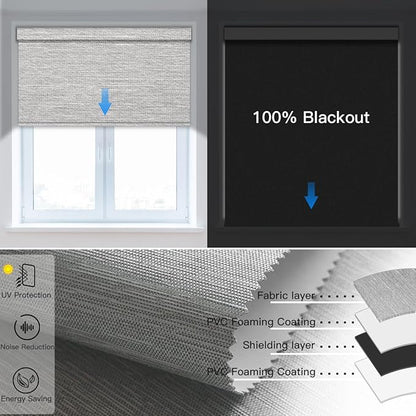 Tokblind Motorized Blackout Roller Shade Fabric Covered Valance and Bottom Rod, Remote Control Electric Window Blind Compatible with Alexa Google via Hub, Custom Size (Texture Grey - Wrapped Fabric)