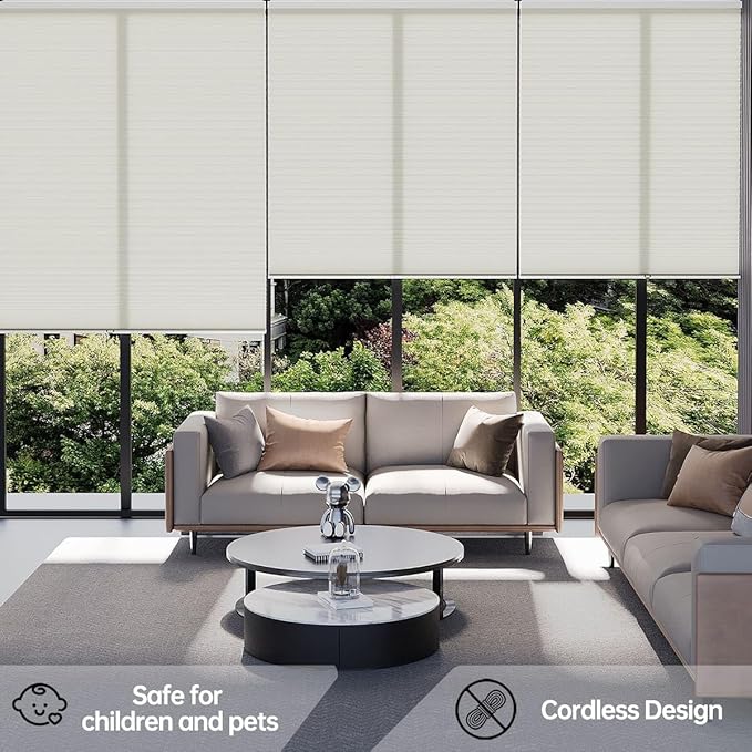 Cellular Shades Light Filtering Honeycomb Blinds for Indoor Windows, Cordless Cellular Shades 1.5 inch Cell Pleated for Bedroom Home Office, Custom Size, Half Shading Soft Pearl