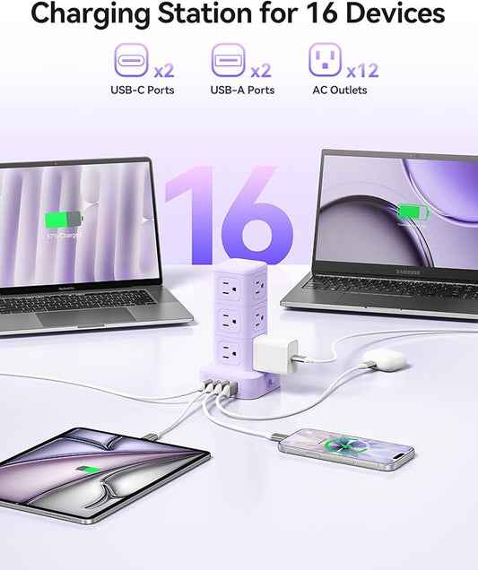 ORICO Power Strip Tower with Multiple Outlets, Tower Extension Cord with 12 AC Outlets 4 USB Ports (2 USB C), Space Saving Design, 5FT Cord Power Tower for Home, Office, Dorm - TPP20
