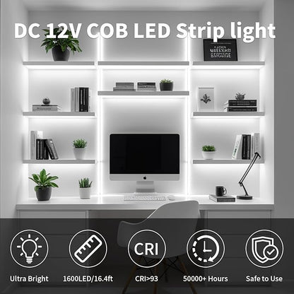 16.4FT/5M COB LED Strip Lights, Cold White 6500K Cuttable LED Tape Lights, 1600 LEDs High Bright CRI 93+ Flexible Self Adhesive Lights Strip for Bedroom, Mirror, Indoor Decor (No Plug)