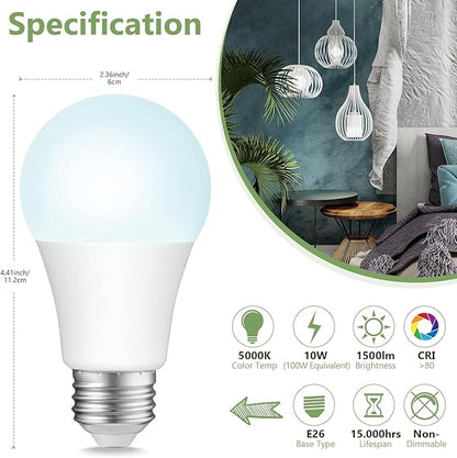Sigalux A19 LED Light Bulbs, 100W Equivalent Daylight 5000K, 1500 Lumens Non-Dimmable, Energy-Saving 10W E26 Medium Base Bulbs, Long-Lasting Home Lighting for Bedroom Living Room, 16 Pack