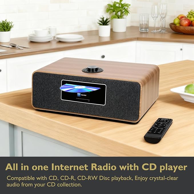 MS5 Upgrade Premium Internet Radio,Spotify HiFi,Bluetooth Stereo System for Home with CD Player,FM Radio, Acoustic Wood Cabinet,AUX & USB Input,50 Presets, OKTIV APP & Remote Control- Walnut