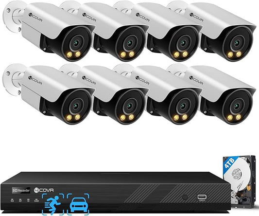 4COVR 12MP Security Camera System PoE for Business, 2-Way Audio Talk, Person Vehicle Detection & Smart Color Night Vision, 16 Channel NVR 4TB HDD, 8Pcs 12MP Wired IP Bullet Cameras IP67, LY37EYAM1608