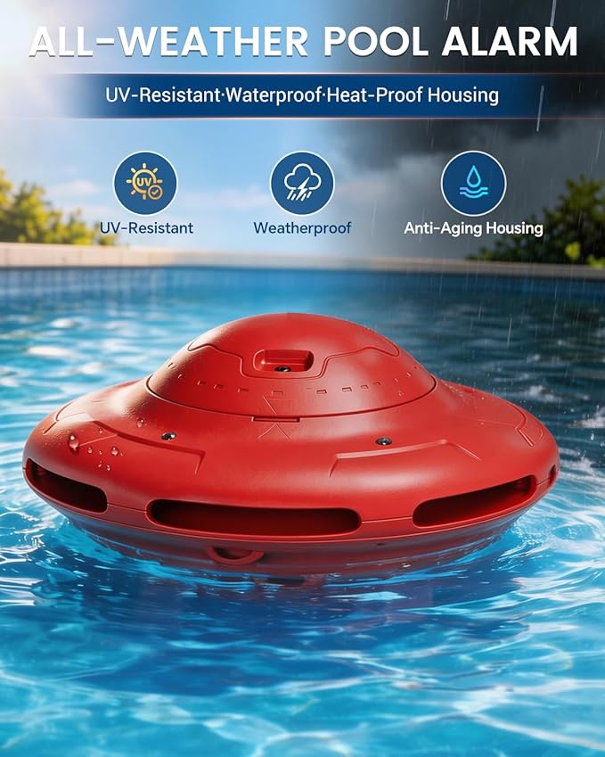 Smart Pool Alarm with App for Inground & Above Ground Pools, Adjustable Sensitivity Water Detection Alarm up to 20x40ft, 85dB+ Safety Alerts for Kids, Pets & Accidental Entry(Red)