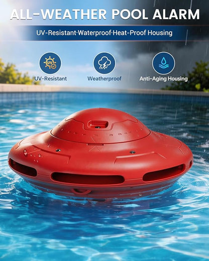 Smart Pool Alarm with App for Inground & Above Ground Pools, Adjustable Sensitivity Water Detection Alarm up to 20x40ft, 85dB+ Safety Alerts for Kids, Pets & Accidental Entry(Red)