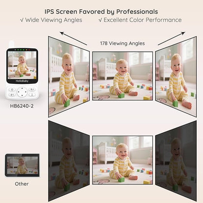 HelloBaby Baby Monitor with 2 Cameras Remote PTZ,4" IPS Screen,29H Battery,1000ft Range,No WiFi Secure Connection, Night Vision, VOX Audio & 8 Lullabies for Newborns, Nurseries & Travel