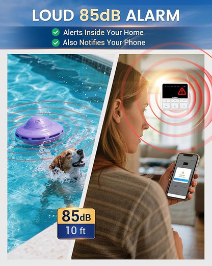 Smart Pool Alarm with App for Inground & Above Ground Pools, Adjustable Sensitivity Water Detection Alarm up to 20x40ft, 85dB+ Safety Alerts for Kids, Pets & Accidental Entry(Purple)