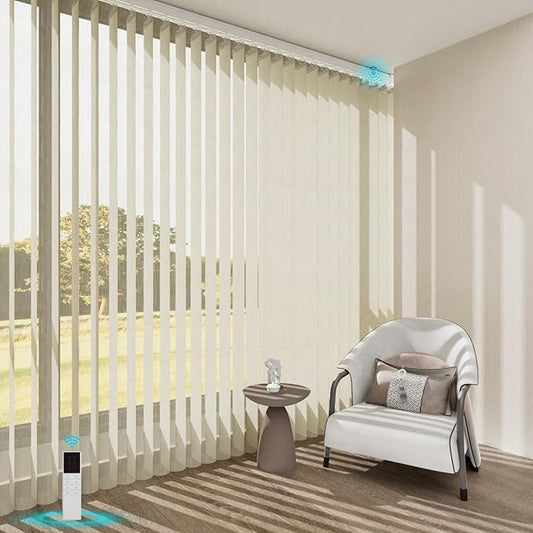 Motorized Sheer Vertical Blinds with Remote, Light Filtering Vertical Blind Sliding Door Blinds Remote Control Blinds for Sliding Glass Door Customize(Embossed Beige)