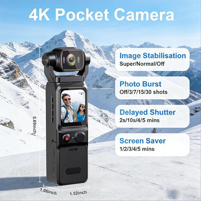 4K Vlogging Camera, Action Camera with Image Stabilization, Pocket Body Cam with APP Control, Handheld POV Cameras for Outdoor Sport, Travel(64GB Card)
