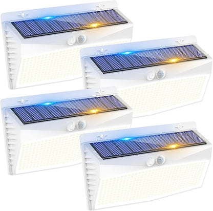 4 Pack 368 LED Solar Lights Outdoor Motion Sensor, Solar Fence Light with 3 Lighting Modes, Solar Powered Security Lights Waterproof for Outside Yard Wall Garden Backyard，White