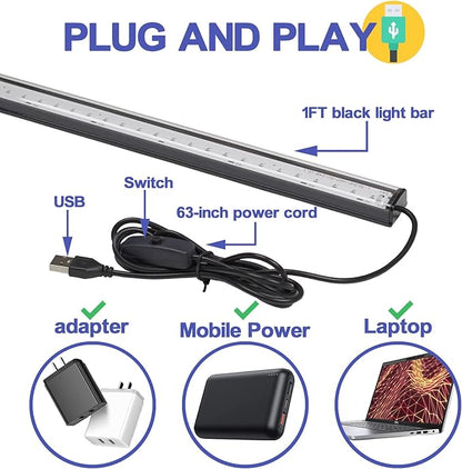 Black Light Bar 10W UV Blacklight Strip for Glow Party: 1ft USB Portable LED Party Supplies for Body Paint Stage Fluorescent Tapestry Poster Halloween Club Bedroom Cabinets Decor Urine Detect 2 Pack