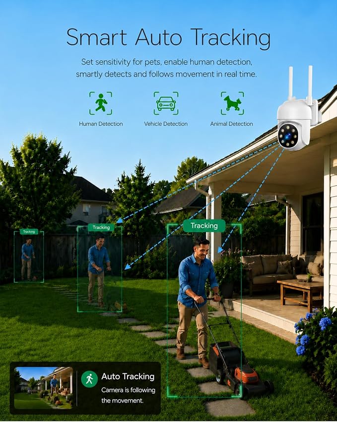 CAMCAMP Wireless Security Camera System Outdoor 8 Cameras for Home Security | Plug-in Powered, Smart Auto Tracking Pan&Tilt, 1080P Cam WiFi Pro 16CH NVR 500GB No Monthly Fee Color Night Vision 2-Way Talk