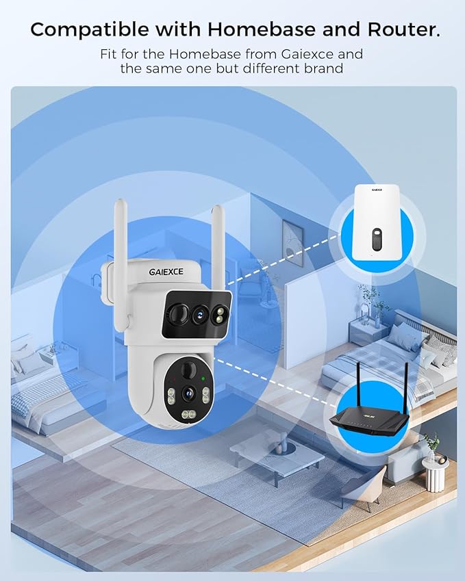 Solar Dual Lens Security Cameras Wireless Outdoor, Work with Home Dual Lens Security Camera System, 2.4G & 5G WiFi 4MP Colorful Night Vision PIR Two-Way Audio PT 360°