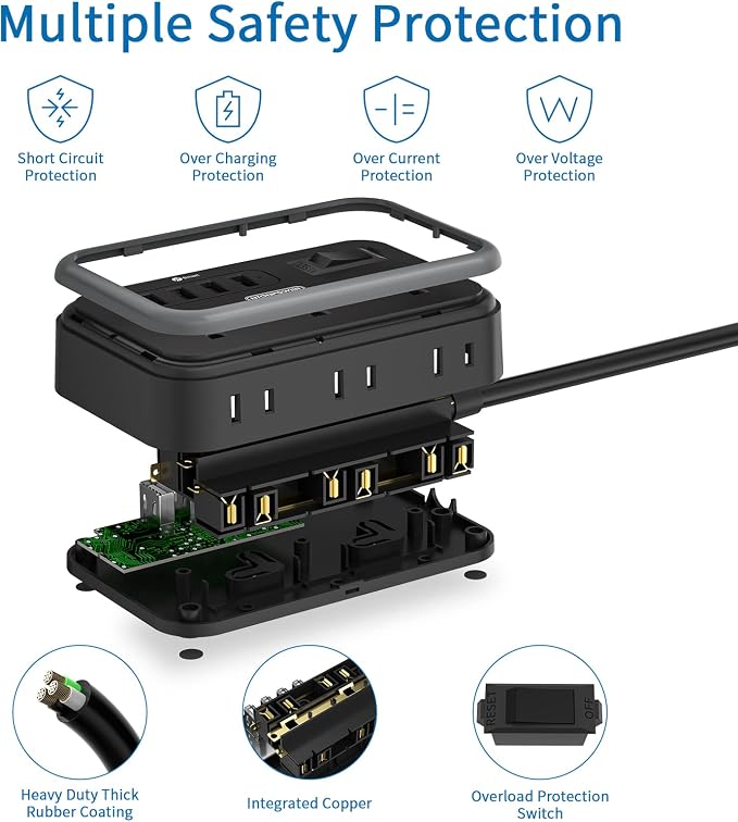 Flat Plug Extension Cord 10 Ft, NTONPOWER 6 Widely Spaced Outlet(2 Side) Power Strip with 4 USB Ports, Overload Protection, Wall Mount Charging Station for Home Office, Nightstand and dorm room, Black