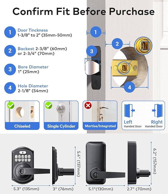 TEEHO TE019 Smart Keypad Door Lock with Handle, App Control, Keyless Entry Electronic Lock, Remote One-Time Codes, Auto Lock, Passage Mode, for Bedroom, Interior Door & Rental, Matte Black