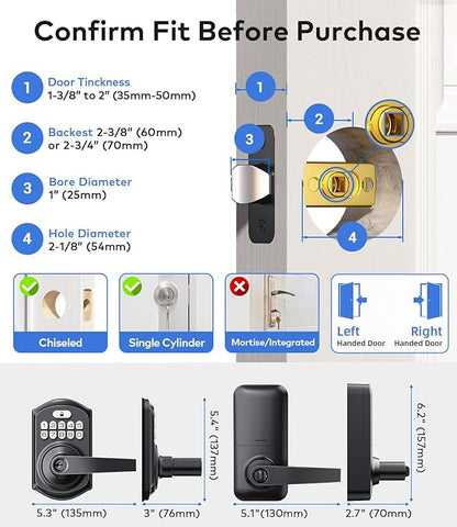 TEEHO TE019 Smart Keypad Door Lock with Handle, App Control, Keyless Entry Electronic Lock, Remote One-Time Codes, Auto Lock, Passage Mode, for Bedroom, Interior Door & Rental, Matte Black