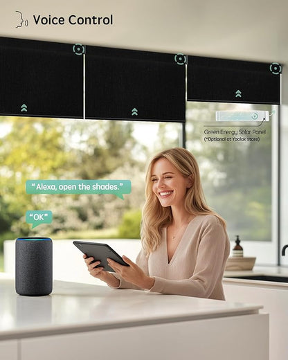Yoolax Motorized Blinds with Remote, 100% Blackout Smart Blinds Work with Alexa, Google, Apple Homekit, Motorized Shades for Bedroom, Custom Electric Shades Voice Control (Fabric Black)