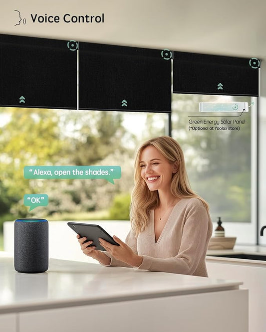 Yoolax Motorized Blinds with Remote, 100% Blackout Smart Blinds Work with Alexa, Google, Apple Homekit, Motorized Shades for Bedroom, Custom Electric Shades Voice Control (Fabric Black)