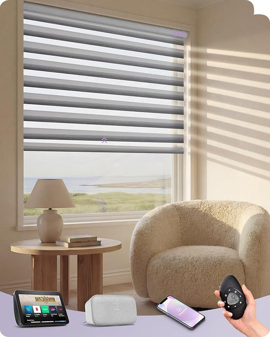 Graywind Motorized Zebra Blinds Compatible with Alexa Google Designed Remote Control Light Filtering Horizontal Roller Blind with Valance for Smart Home Office, Custom Size (Gradient Grey Silver)