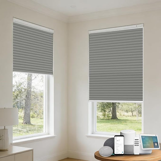 Motorized Cellular Shades with Remote, Blackout Smart Cellular Shades Compatible with Alexa, Cordless Honeycomb Window Blinds for Bedroom Home Office, Custom Size, Blackout Light Grey