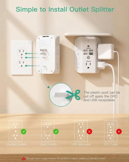 Mifaso PD20W Outlet Extender with Shelf & Night Light, Surge Protector | 5 AC Outlets, 3 USB-A, 1 USB-C, 3-Sided Wide-Space, Multi-Plug Outlet Splitter, 1800J, Ideal for Office, Dorm, RV, Travel