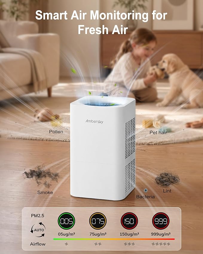 Ambersky Air Purifier for Home, True HEPA Filter for Large Room Up To 2500 Sq Ft, with Real-Time AQI & PM2.5 Display, Sleep Mode, 5 Fan Speeds, 360° Air Cleaner for Pet Hair, Smoke, Dust, Odor