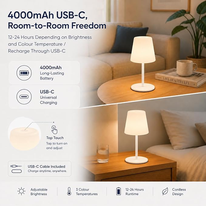 IP65 Waterproof Shower Lamp, Cordless Rechargeable Table Lamp, White | 4000mAh Battery Operated Lamp, Spa-Like Glow for Showers, Vanity, Bedside and Patios; 3 Color Temperatures, Touch Dimming