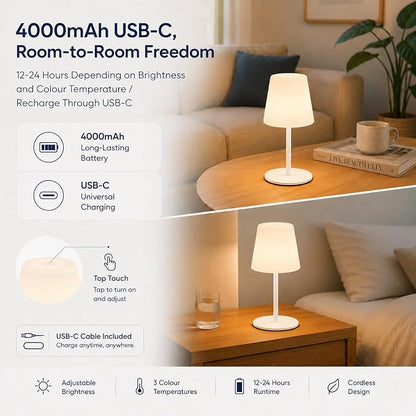 IP65 Waterproof Shower Lamp, Cordless Rechargeable Table Lamp, White | 4000mAh Battery Operated Lamp, Spa-Like Glow for Showers, Vanity, Bedside and Patios; 3 Color Temperatures, Touch Dimming