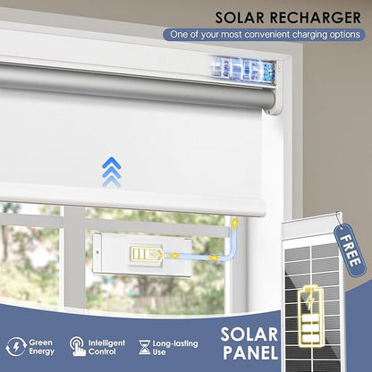 Motorized Blackout Smart Roller Blinds with Remote Control & Solar Panel - Automatic Electric Shades for Windows, Compatible with Alexa - White,36" W*72" H
