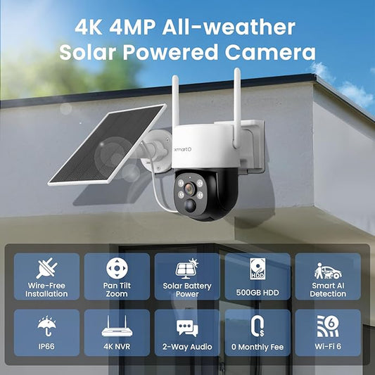 xmartO Wireless Solar PTZ Security Camera System, 10-Cam Bundle, 4MP QHD, 4K 10CH Expandable WiFi NVR, All-Weather Solar Charge, Two-Way Audio, PIR Sensor, No Monthly Fee, 500GB