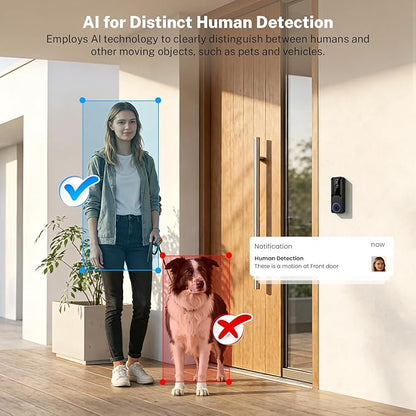 Wireless Wi-Fi Surveillance Cameras, Doorbell Camera with Two Way Audio, AI Human Detection, 2-Way Talk,Night Vision and Cloud Storage, 2.4G Wi-Fi Only