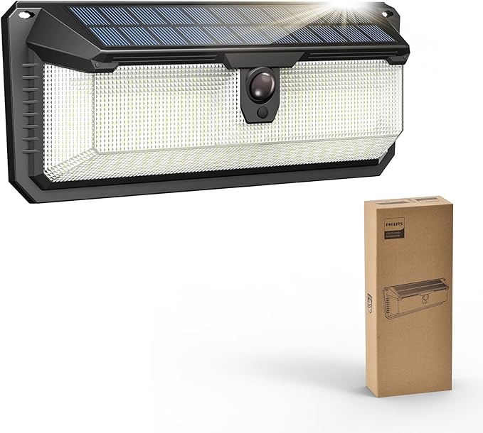 Philips Solar Lights Motion Sensor Outdoor, 258 LEDs Solar Powered Security Lights, 3 Lighting Modes, Waterproof Wall Light for Outside Yard Fence Garden Garage