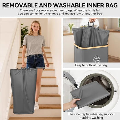 Recycling Bin for Kitchen, 26 Gallon 100L Indoor Home Recycle Bin with Lid and 2 Removeable Reusable Inner Bags, for Bottles, Cans, Glass, Plastic & Stickers, Grey