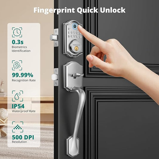 AkaGear DS10 Keyless Entry Door Lock with Handle Set - Fingerprint Door Locks, Electronic Keypad Deadbolt, Smart Locks for Front Door, Auto-Lock & One Touch Locking, Easy Installation - Satin Nickel