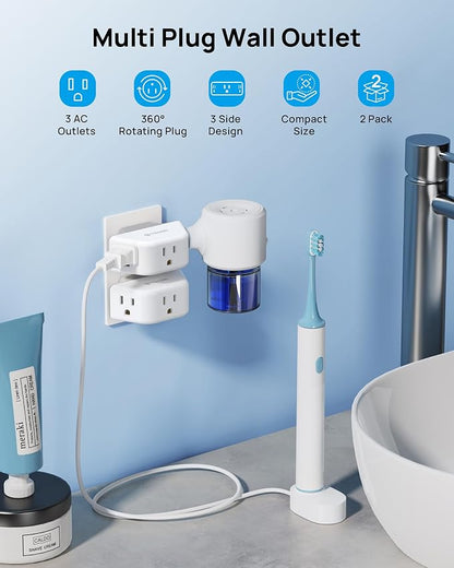 TROND 360 Rotating Plug Outlet Extender for Bathroom, 2 Pack | 3AC Wall Outlet Adapter, No Blocking with 3 Way Angled Design, Small Multiple Plug Splitter for Kitchen Cruise Ship, White