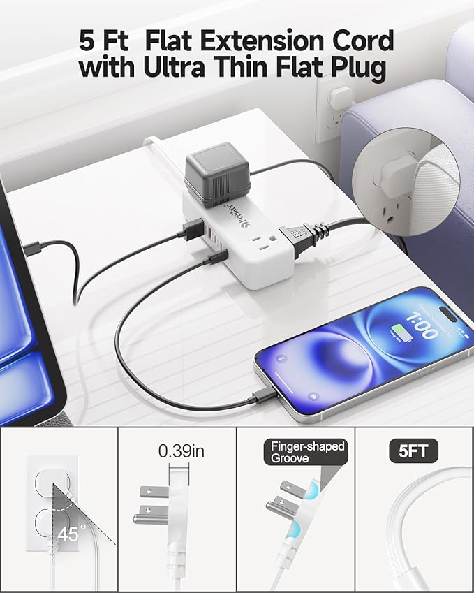Beeiker 30W 3 USB C Travel Power Strip- 5Ft Extension Cord with 5 USB and 4 Outlets, Compact Flat Plug Small Extension Cord for Travel Cruise College Dorm Office White