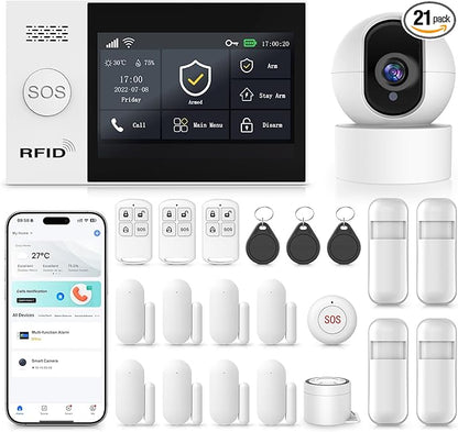 Wireless Home Security System,4.3in Touch Screen Alarm System,21Piece WiFi/4G DIY Kit with SOS Button,Window Alarms,Remotes,Motion Sensors,NO Monthly Fee,APP Control,for Apartment,Office,Garage