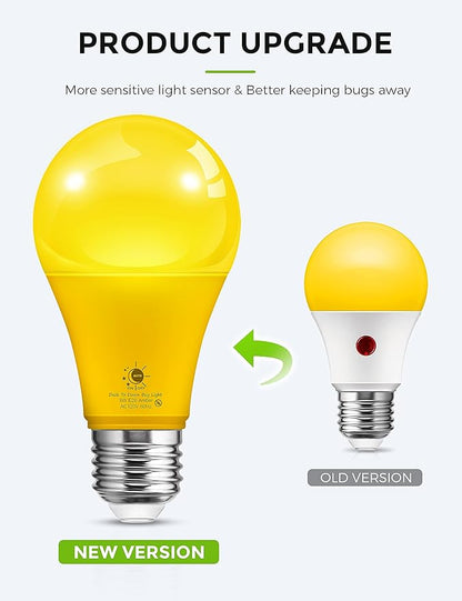 L LOHAS LED Dusk to Dawn Bug Light Bulb Outdoor, A19 Yellow LED Bug Light Bulbs, 9W Auto On/Off Bug Lights for Outside, Amber Porch Light Bulb 60W Equi, Non-Attracting, E26 Base for Backyard, 2 Pack