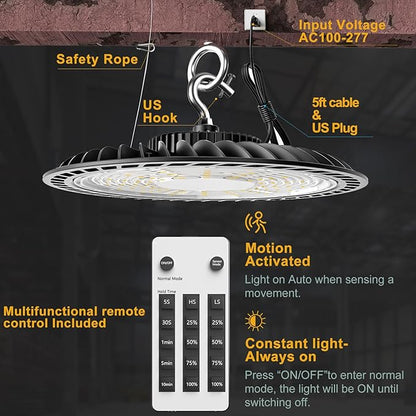 400W High Bay LED Lights with Motion Sensor, 60000LM Smart High Bay Shop Light, 𝐀𝐂𝟏𝟎𝟎-𝟐𝟕𝟕𝐕 UFO Commercial Lighting for Warehouse/Barn -4Pack
