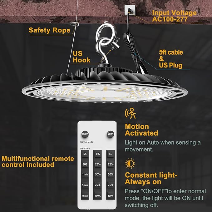 250W LED High Bay Light 37500lm Commercial Bay Lighting with Smart Controller Supports Normal Mode & Motion Sensor Mode(Energy Saving) AC100-277V UFO LED High Bay Shop Lights-8Pack