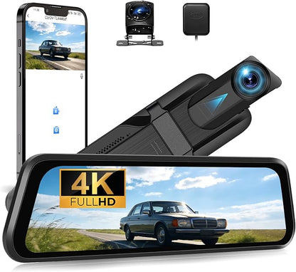 CAMECHO 4K Mirror Dash Cam with BSD, Smart Rear View Mirror Camera with WiFi, 9.66 inches Full Touch Screen, Dash Camera for Cars, GPS, HDR Night Vision, G-Sensor, Loop Recording