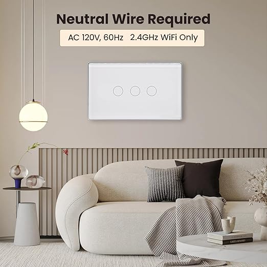 Smart Switch Aluminum Frame,2.5D Glass Panel,4.65 X 2.83 X 1.26 Inches,Need Neutral Wire,2.4GHz WiFi,Work with Tuya/Smart Life,App/Voice Control,White 3 Button