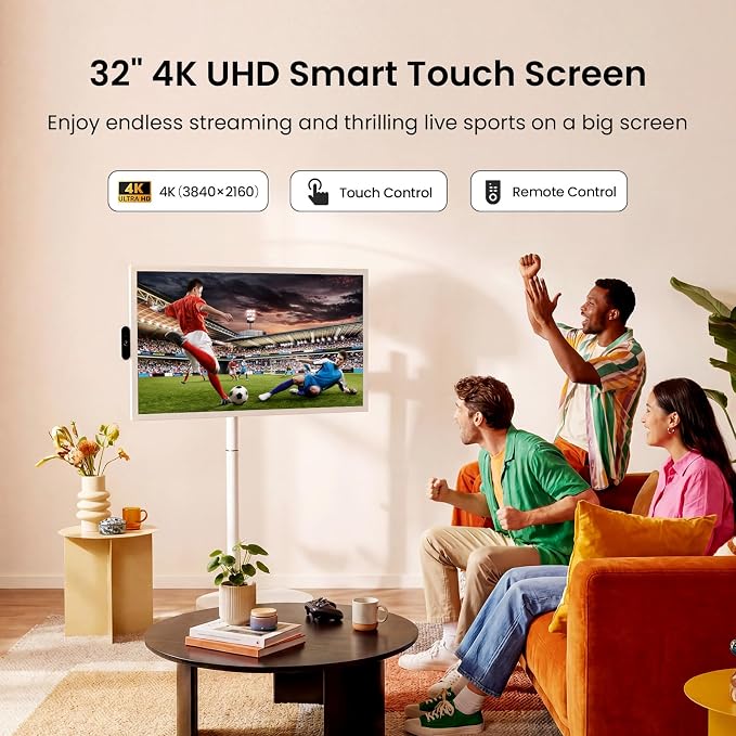 ApoloSign 32 Inch 4K UHD Smart Portable TV on Wheels, Android 16 EDLA Certified, 256GB Storage, Built-in 15000mAh Battery, Voice Remote, Touch Screen TV with Rolling Stand for Home, Office - Gen2