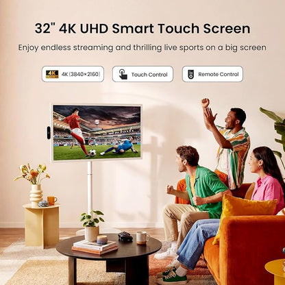 ApoloSign 32 Inch 4K UHD Smart Portable TV on Wheels, Android 16 EDLA Certified, 256GB Storage, Built-in 15000mAh Battery, Voice Remote, Touch Screen TV with Rolling Stand for Home, Office - Gen2