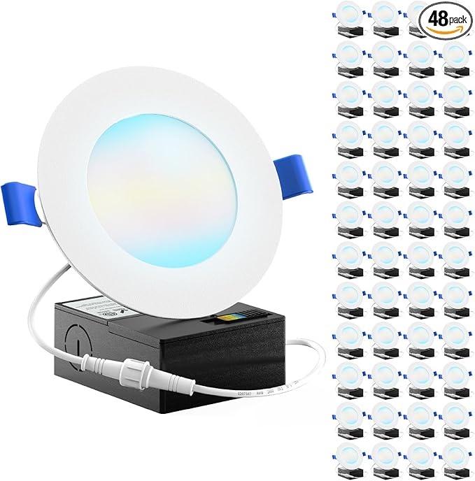 Sunco 48 Pack 4 Inch LED Recessed Lights, Canless Ceiling Light Slim, 650 LM, 10W, Selectable CCT 2700K/3000K/4000K/5000K/6000K, Dimmable, Wafer Thin, with Junction Box ETL.