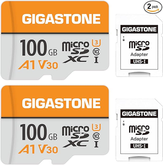 GIGASTONE 100GB Micro SD Card 2-Pack, A1 V30, 4K Video Recording, Compatible with Security Camera, Dash Cam, Drone, 100MB/s MicroSDXC Memory Card UHS-I V30 Class 10, with Adapter
