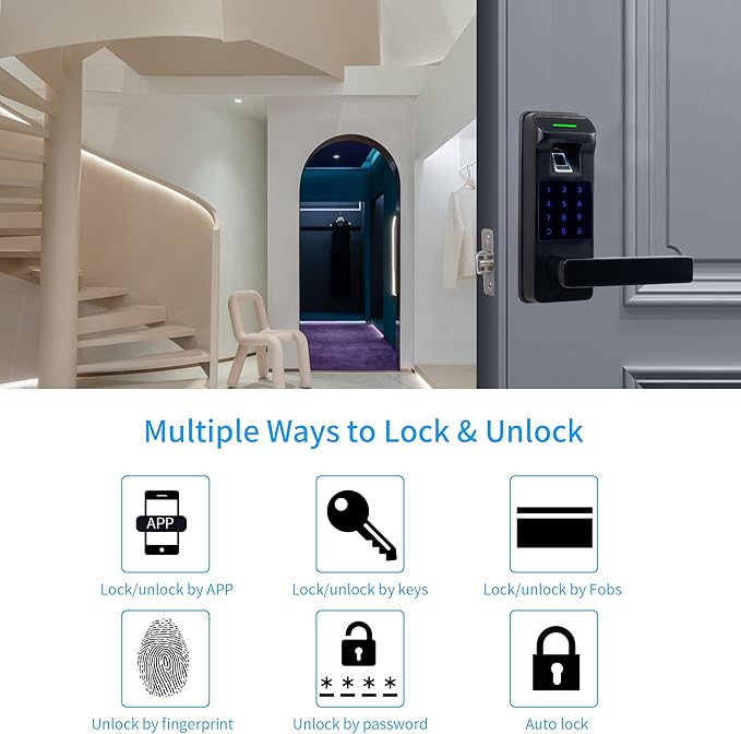 Harfo Fingerprint Door Lock, Heavy Duty Full APP Control Touchscreen Keypad Keyless Lock with Reversible Handle, Perfect for Home/Office/Bedroom Doors (Black)