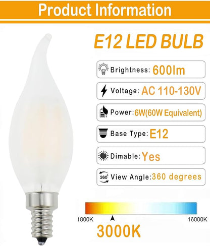 Frosted E12 Candelabra Bulb 60 Watt Dimmable,Flame Bent Tip Shape LED Chandelier Light Bulbs Soft White 3000k,6W B11 E12 LED Bulb for Ceiling Fan,Pendants,12 Pack