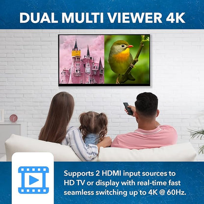 OREI 4K HDMI Multi Viewer 2 in 1 Out Switcher 2 Ports Seamless IR Remote Support 4K @ 60Hz 1080P for PS4/PC/DVD/Security Camera HDMI Switch Optical Audio L/R Output - (UHD-201MV)